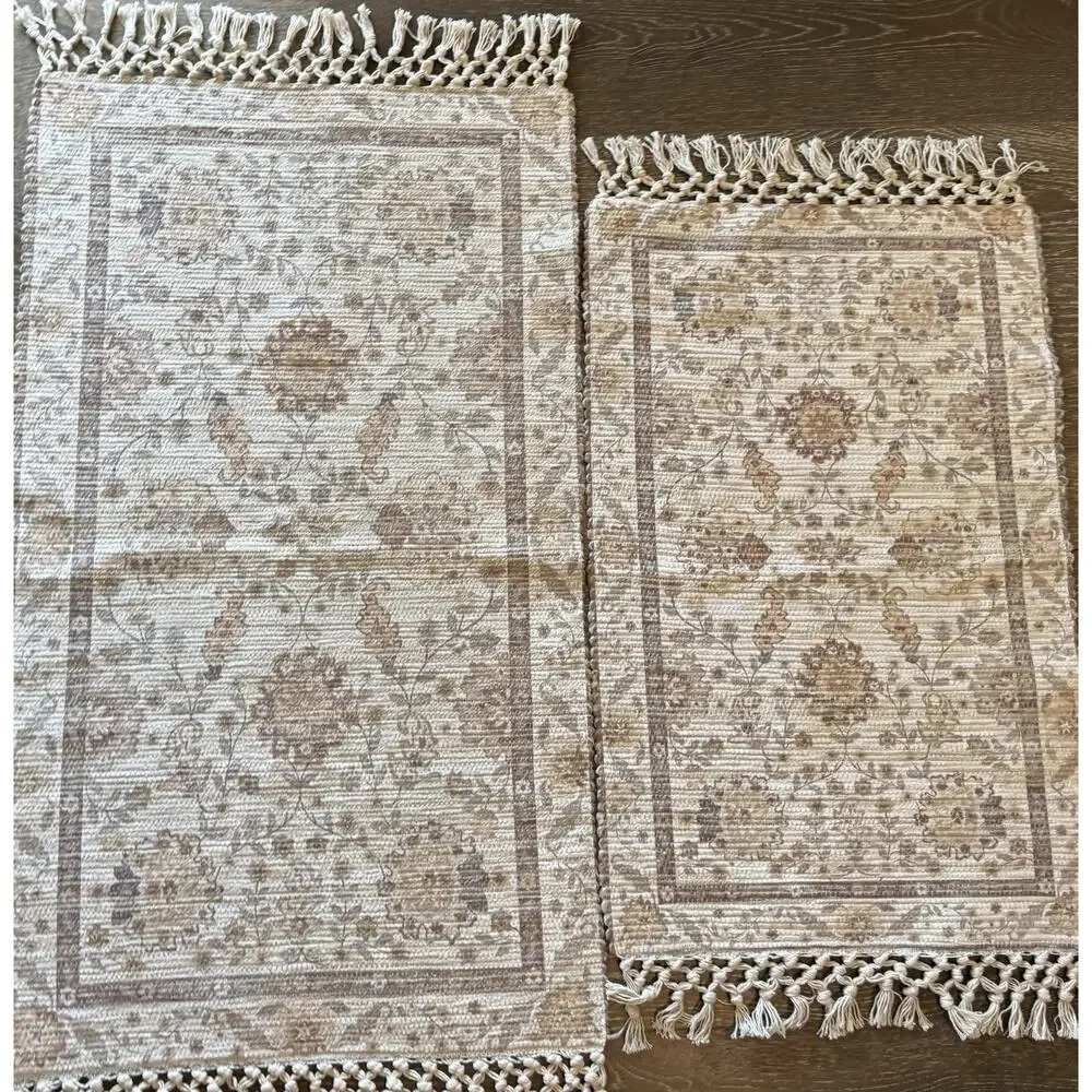 Jaipur Rugs Set 2 Woven Cotton Jute Floral Rug Neutral Knotted Fringe Two Sizes